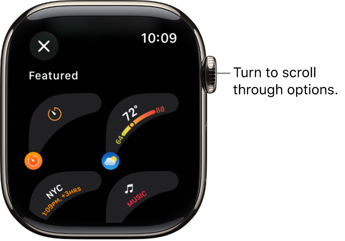 The customize screen for a watch face showing featured complications. Turn the Digital Crown to browse complications.