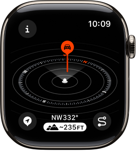 The Compass app showing the Elevation view. Several waypoints appear on a tilted dial. A white post indicates the current elevation, which is taller than the other waypoints on the dial. The Info button is at the top left, the Waypoints button is at the bottom left, the Elevation button is at the middle bottom, and the Backtrack button is at the bottom right.