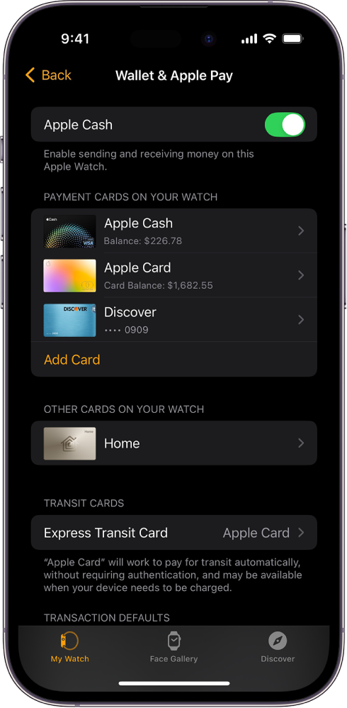 Una pantalla del iPhone mostrando la configuración de Wallet y Apple Pay en la app Apple Watch.