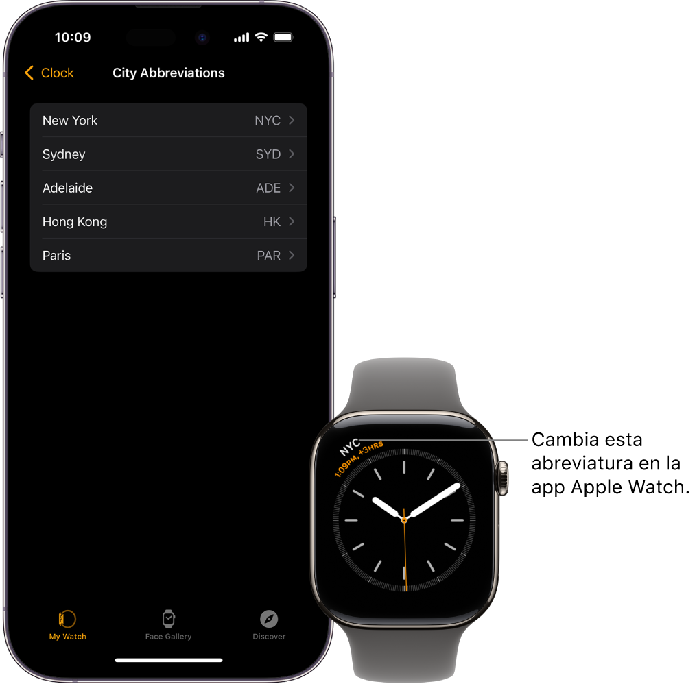 Un iPhone y un Apple Watch lado a lado. La pantalla del Apple Watch muestra la hora de la ciudad de Nueva York, usando la abreviatura NYC. La pantalla del iPhone muestra la lista de ciudades en la configuración Reloj en la app Apple Watch en iPhone.