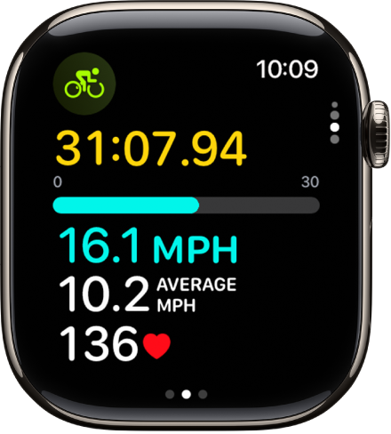 Un entrenamiento de bicicleta en curso muestra el tiempo transcurrido del entrenamiento, velocidad, velocidad promedio y frecuencia cardiaca.