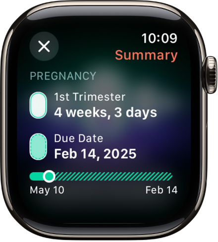 Un écran de l’app Suivi du cycle, montrant un résumé de grossesse, avec un âge gestationnel et une date prévue d’accouchement au milieu de l’écran.