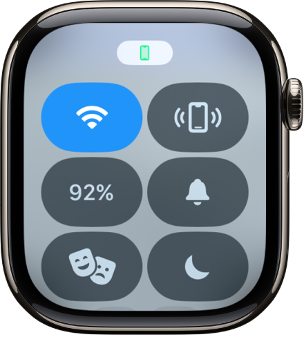 Le centre de contrôle avec l’icône d’état Connecté en haut montrant que l’Apple Watch est connectée à l’iPhone.