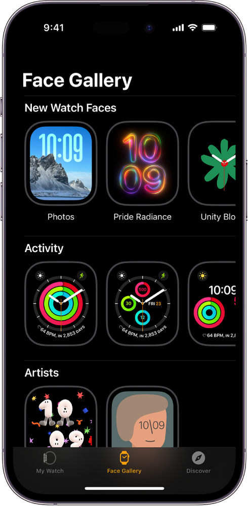 App Apple Watch ouverte sur la galerie de cadrans. Le rang du haut affiche des cadrans nouveaux, les rangs suivants montrent des cadrans regroupés par type, comme Activité et Artistes. Vous pouvez faire défiler l’écran pour voir d’autres cadrans regroupés par type.