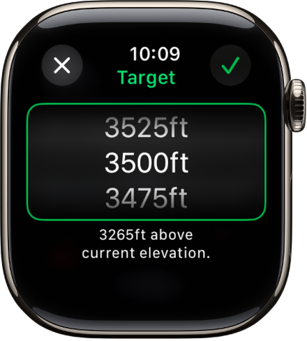 L’app Boussole affichant l’écran Altitude cible. Une liste défilante d’altitudes apparaît au milieu de l’écran. Sous la liste, l’utilisateur peut voir l’écart d’altitude entre l’altitude sélectionnée et son altitude actuelle. En haut se trouvent le bouton Fermer et le bouton en forme de coche.