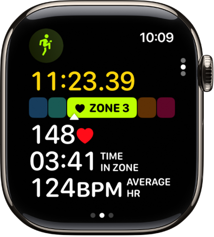 Exercice de course en cours indiquant son temps écoulé, la zone dans laquelle vous vous trouvez, votre fréquence cardiaque, le temps dans la zone et la fréquence cardiaque moyenne.