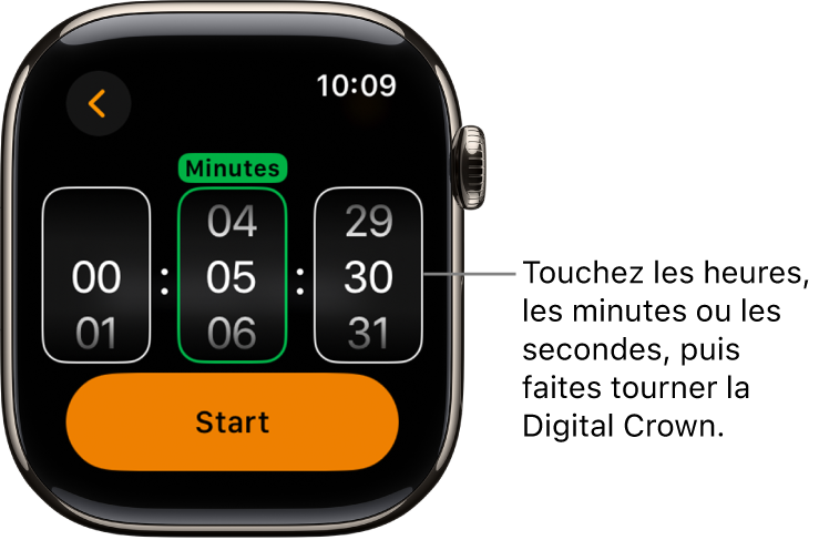 Réglages de création d’un minuteur personnalisé, avec les heures à gauche, les minutes au centre et les secondes à droite. Le bouton Démarrer se trouve en dessous.