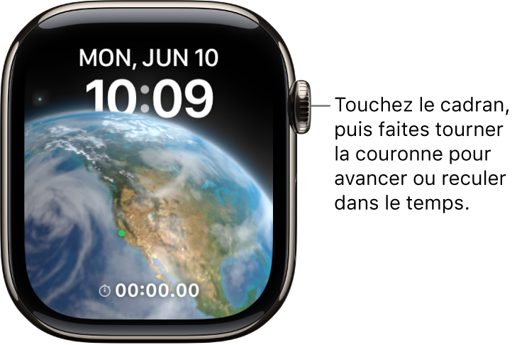 Cadran Astronomie, qui montre le jour, la date et l’heure. Une complication de minuteur se trouve en bas. Touchez le cadran, puis faites tourner la Digital Crown pour avancer ou reculer dans le temps.