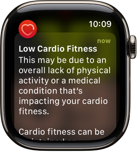 Une alerte Fréquence cardiaque, indiquant une santé cardio. faible.