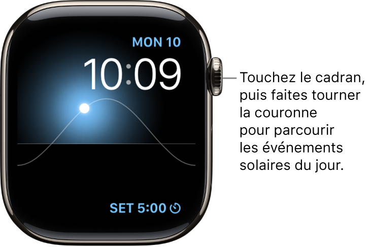 Le cadran Graphique solaire affichant le jour, la date et l’heure. Ces trois options ne peuvent pas être modifiées. Une complication Minuteur apparaît en bas à droite. Touchez le cadran, puis faites tourner la Digital Crown pour voir le crépuscule, l’aube, le soleil à son zénith ou se coucher, puis la nuit.