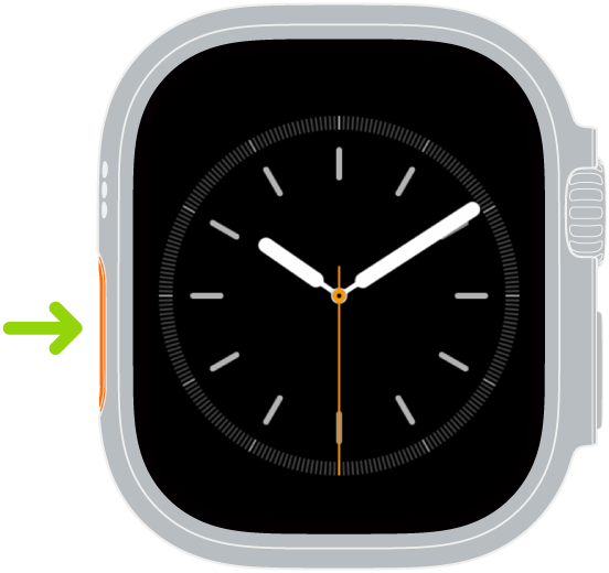 Illustration de l’Apple Watch Ultra avec une flèche pointant vers le bouton Action sur le côté gauche.