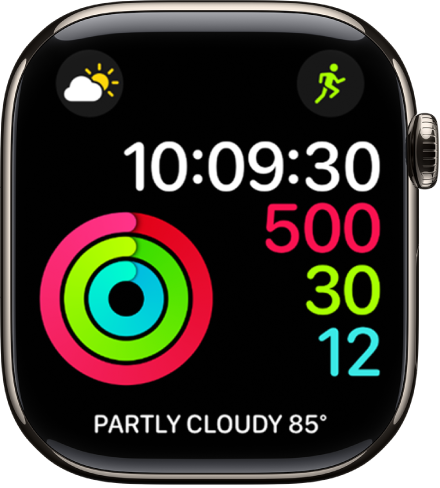 Cadran Activité numérique montrant l’heure ainsi que la progression vers les objectifs Me lever, Bouger et M’entraîner. Il y a aussi trois complications : Météo en haut à gauche, Exercice en haut à droite et Conditions météo en bas.