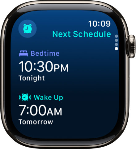 App Sommeil sur l’Apple Watch montrant le programme de sommeil de la soirée. Coucher apparaît en haut et l’heure de Réveil se trouve en dessous.