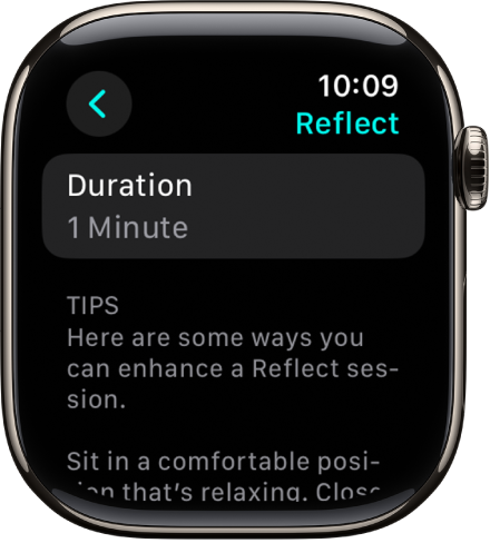 Zaslon aplikacije Svjesnost s prikazom trajanja od jedne minute pri vrhu. Ispod se nalaze savjeti za poboljšanje sesije refleksije.