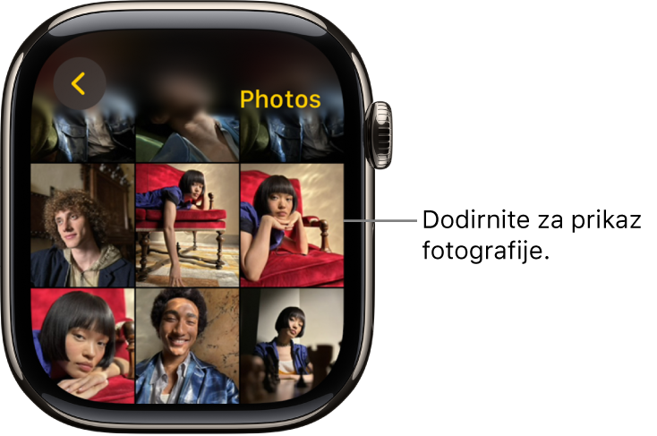 Glavni zaslon aplikacije Foto na Apple Watchu, s nekoliko fotografija prikazanih u rešetki.