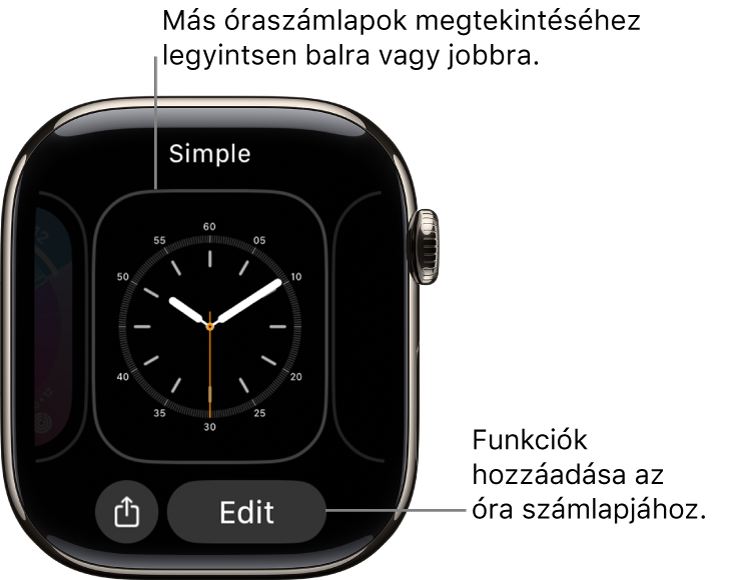 Egy óraszámlap a Megosztás és a Szerkesztés gombbal, amelyek akkor jelennek meg, ha megérintve tartja az óraszámlapot. Az óraszámlap neve felül található. Legyintsen balra vagy jobbra az óraszámlappal kapcsolatos egyéb lehetőségek megjelenítéséhez. Ha egy komplikációra koppint, hozzáadhatja a kívánt funkciókat.