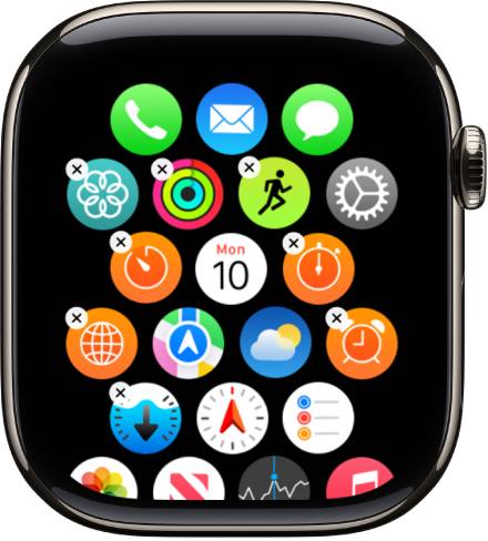 Layar Susunan pada app Apple Watch menampilkan grid ikon.