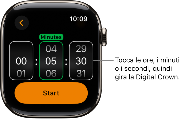 Impostazioni per la creazione di un timer personalizzato, con l’ora a sinistra, i minuti al centro e i secondi a destra. Il pulsante di avvio del timer è sotto.