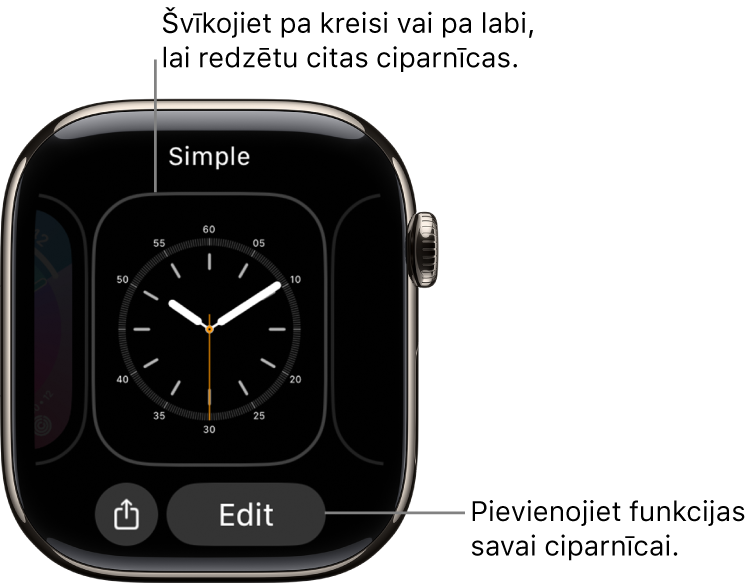 Ciparnīcā redzamas pogas Share un Edit, kuras tiek parādītas, ja pieskaraties ciparnīcai un turat. Ciparnīcas nosaukums ir ekrāna augšā. Švīkojiet pa kreisi vai pa labi, lai skatītu citas ciparnīcu opcijas. Pieskarieties papildinājumam, lai pievienotu vēlamos parametrus.