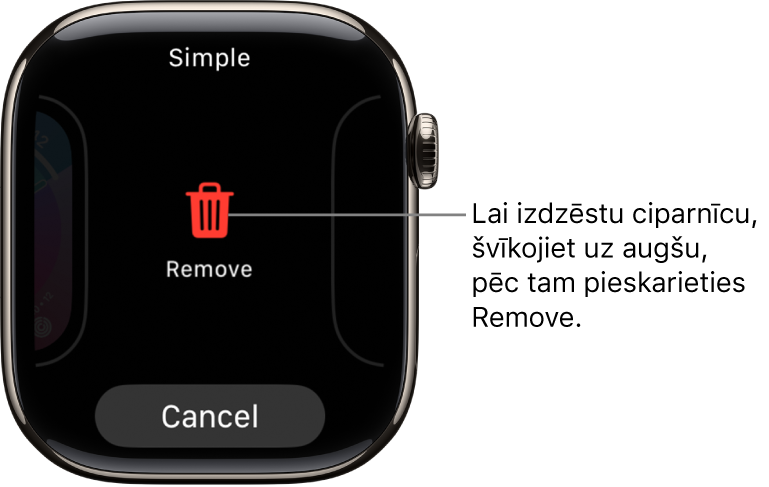 Apple Watch ekrāns, kurā ir redzamas pogas Remove un Cancel. Tās tiek rādītas, kad švīkojat līdz ciparnīcai un pēc tam švīkojat uz augšu, lai to izdzēstu.