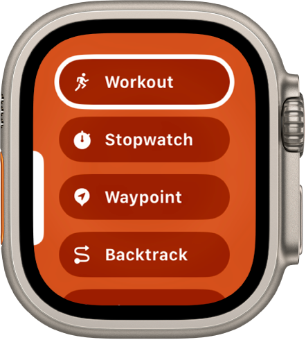 Het scherm 'Wissel snel', met de taken die aan de actieknop kunnen worden toegewezen, zoals 'Work-out', 'Stopwatch' en 'Routepunt'.