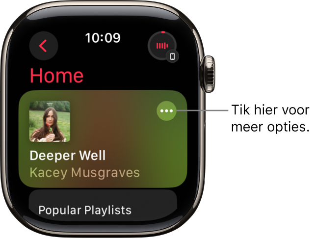 De Muziek-app met het scherm 'Home', waarin één album te zien is. Rechts staat de knop 'Meer opties'. Bovenin zie je de knop 'Huidige'. Linksbovenin bevindt zich de terugknop.