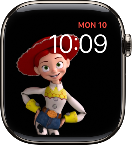 De wijzerplaat Toy Story, met rechtsboven de dag, datum en tijd en links een animatieafbeelding van Jessie.