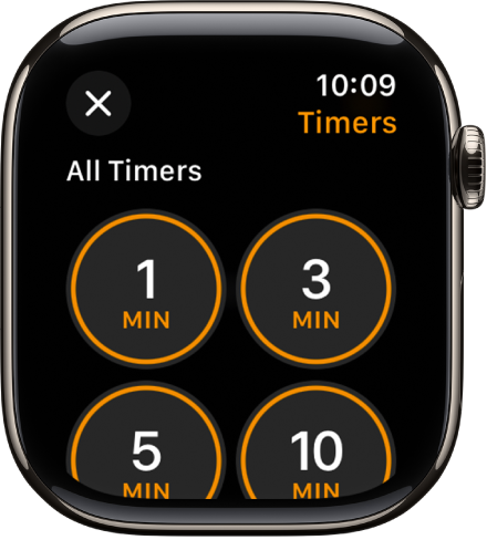 Tela do app Timer, mostrando o botão adicionar para criar um novo timer e timers rápidos de 1, 3, 5 ou 10 minutos.