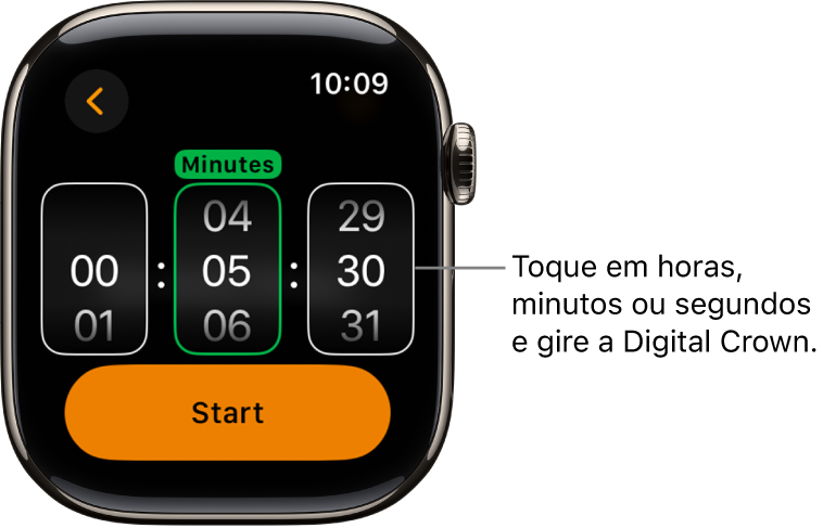 Ajustes para criar um timer personalizado, com a hora à esquerda, os minutos no meio e os segundos à direita. O botão Iniciar encontra-se abaixo.