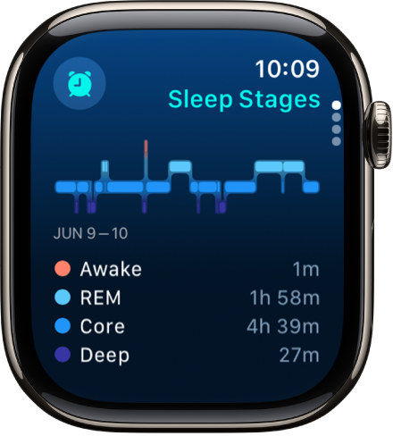 O app Sono mostrando uma estimativa do tempo passado acordado e em sono REM, Essencial e Profundo.