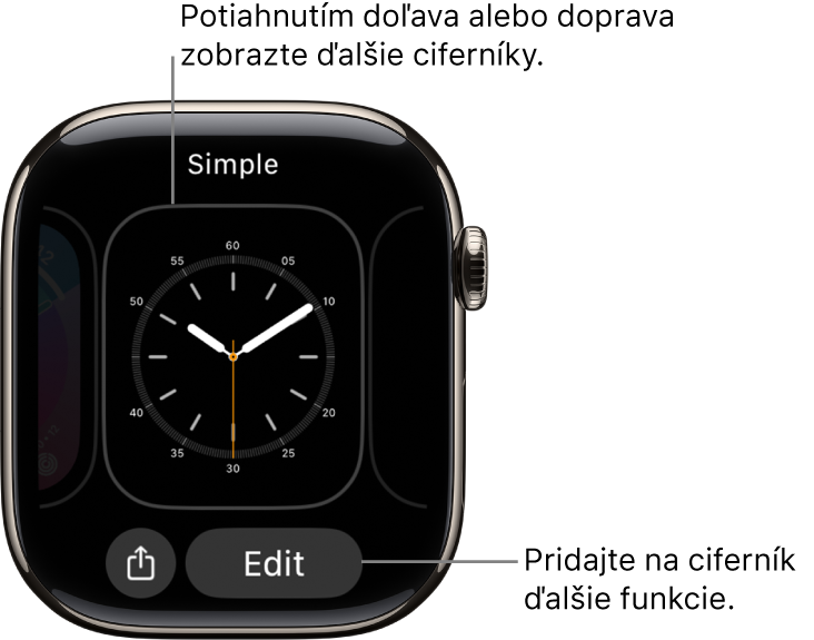 Ciferník s tlačidlami Zdieľať a Upraviť, ktoré sa zobrazia po podržaní prsta na ciferníku. Navrchu sa zobrazuje názov ciferníka. Ďalšie možnosti ciferníka zobrazíte potiahnutím doľava alebo doprava. Ak chcete pridať ďalšie funkcie, klepnite na komplikáciu.