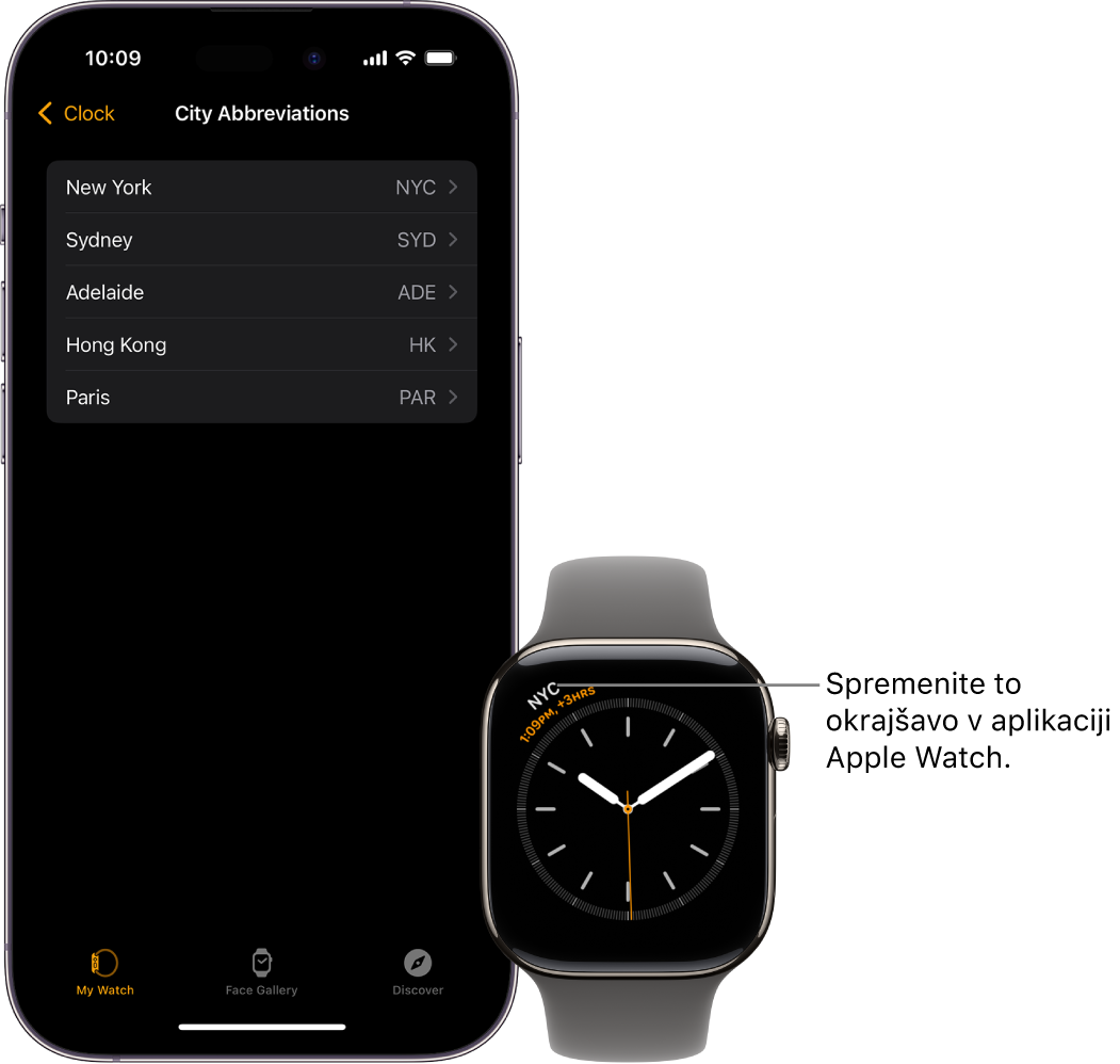 iPhone in ura Apple Watch drug ob drugem. Zaslon ure Apple Watch prikazuje čas v New Yorku z okrajšavo NYC. Zaslon iPhone prikazuje seznam mest v nastavitvah Ura v aplikaciji Apple Watch.