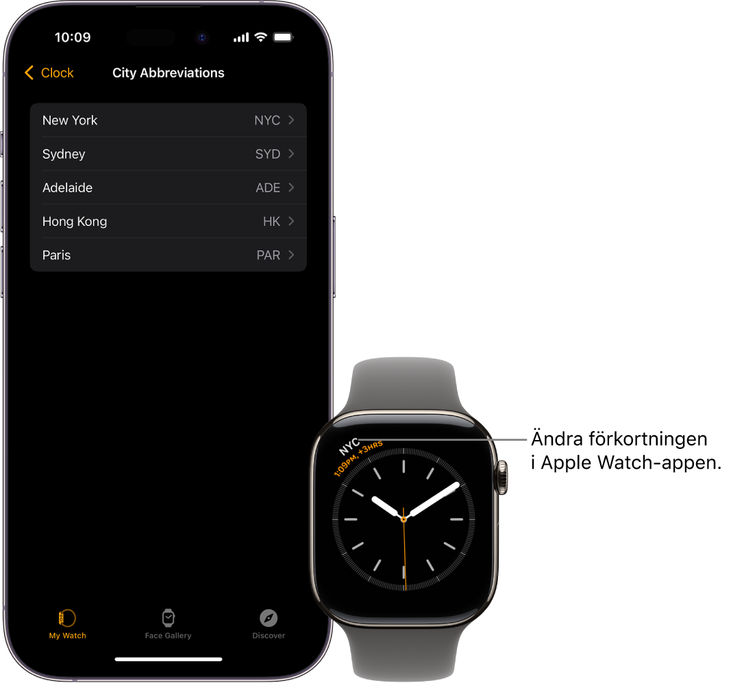 En iPhone och Apple Watch bredvid varandra. Apple Watch-skärmen visar tiden i New York, med förkortningen NYC. iPhone-skärmen visas listan över städer i inställningarna för Klocka i Apple Watch-appen.