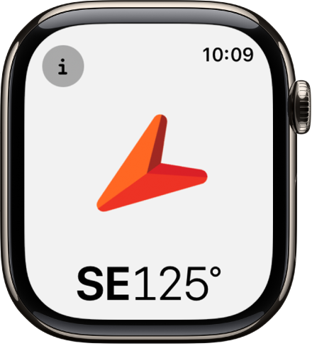 İstikametin altında onun yönünü işaret eden büyük bir oku gösteren Pusula uygulaması. Bilgi düğmesi sol üstte.