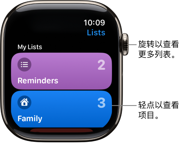 “提醒事项” App 的“列表”屏幕显示两个列表按钮，分别是“家庭”和“工作”。右侧的数字告诉你每个列表中有多少个提醒事项。轻点列表以查看其中的项目，或者旋转数码表冠以查看更多列表。