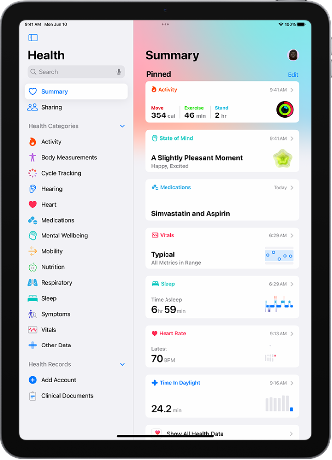 The Summary screen in Health. Information about activity, state of mind, vitals, sleep, heart rate, and time in daylight appears below Pinned.