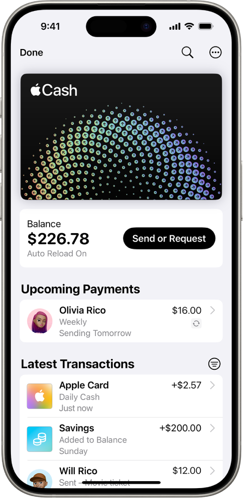 The Apple Cash card in Wallet, showing the More button at the top right, the current balance and the Send or Request button in the middle, and the latest transactions at the bottom.