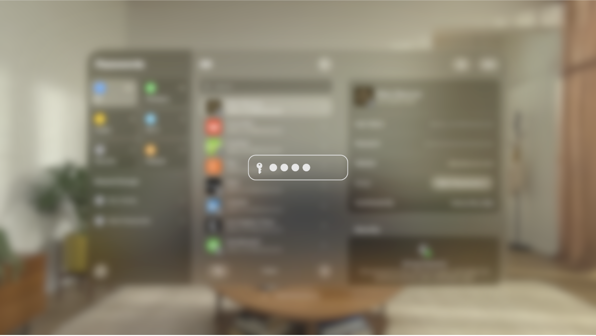 The view on Apple Vision Pro while a password is typed, as seen by someone watching on a mirrored display. The view is blurred, and an image indicates that the user is entering a password.