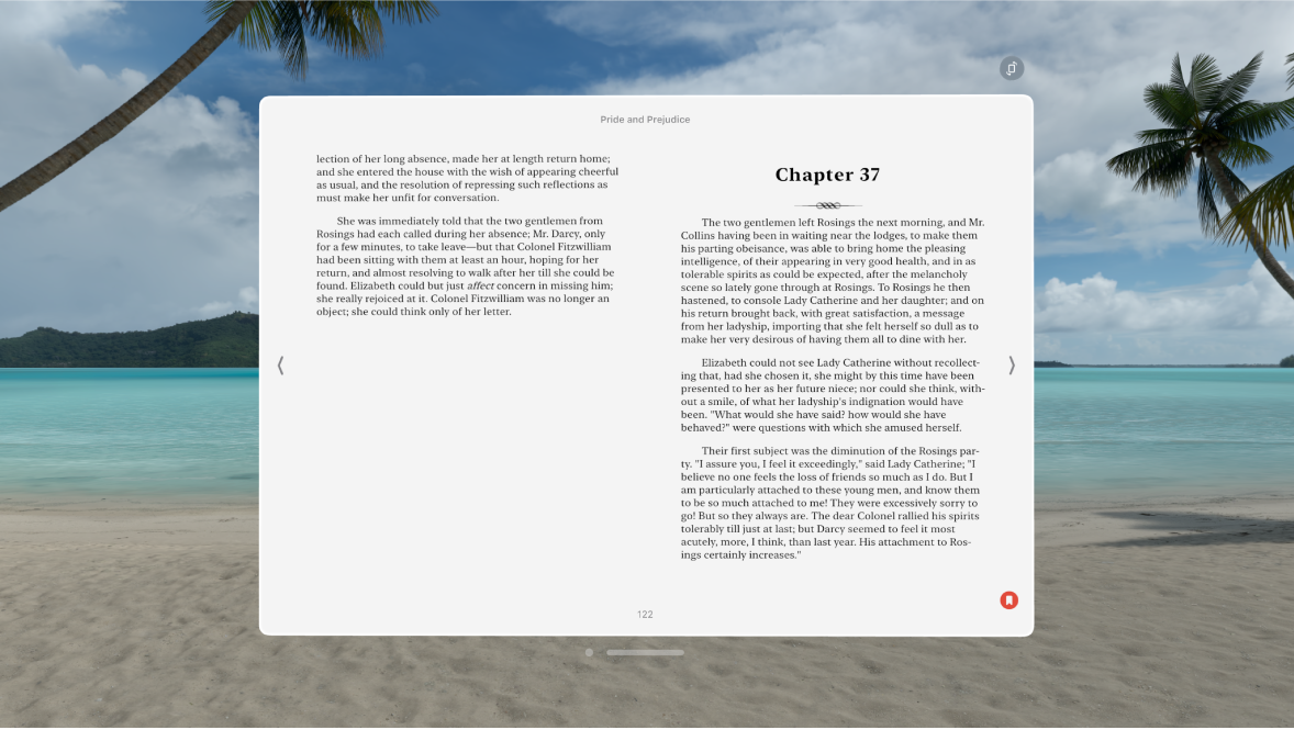 The Books app on Apple Vision Pro, with a book open and appearance settings visible in the bottom right.