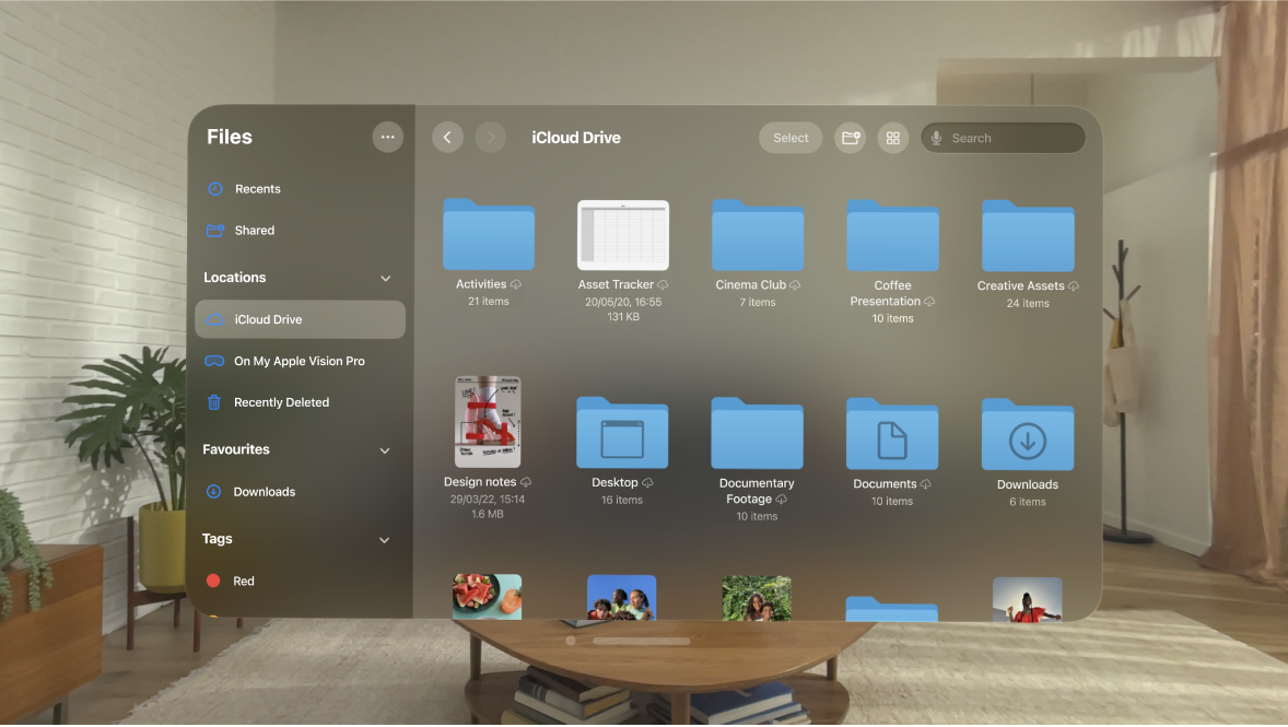 The Files app on Apple Vision Pro, showing folders and files in the iCloud Drive location.