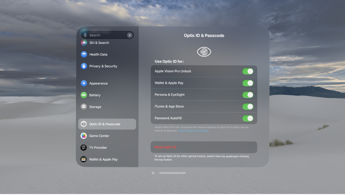 Optic ID & Passcode settings on Apple Vision Pro, showing options to use Optic ID for unlock, Persona, and more; and to Reset Optic ID.