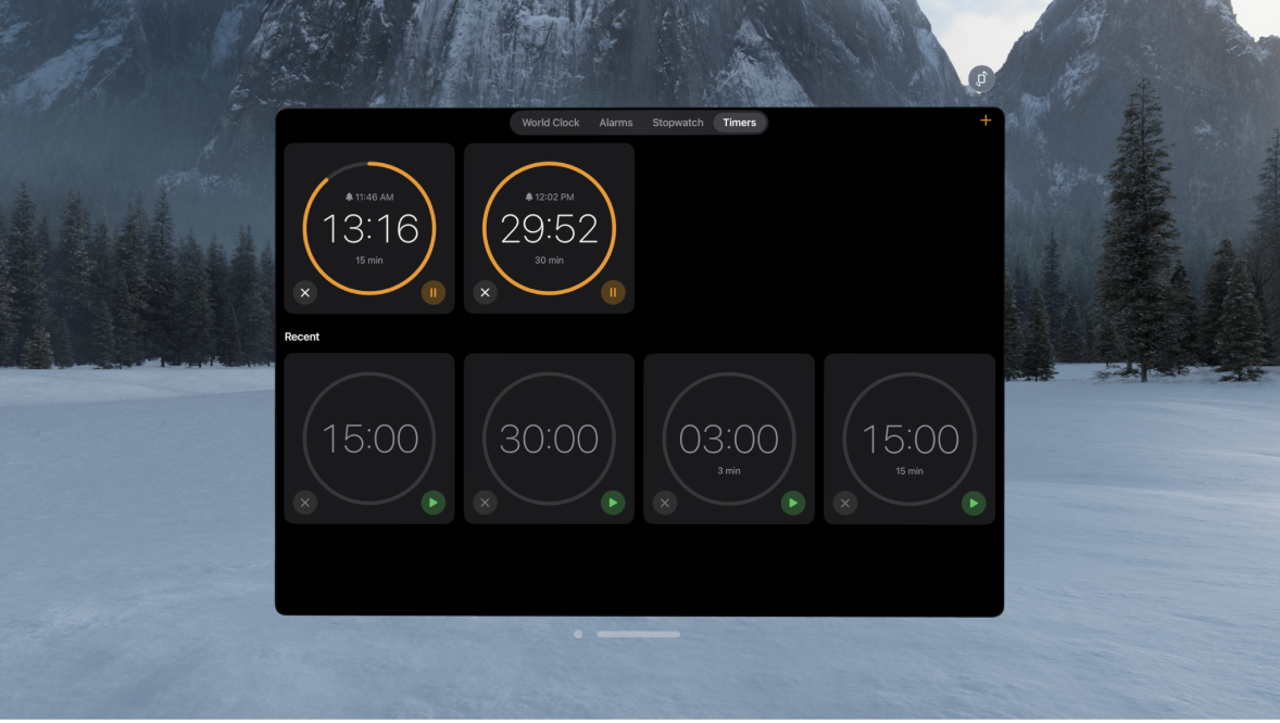 The Clock app on Apple Vision Pro, showing multiple timers running.