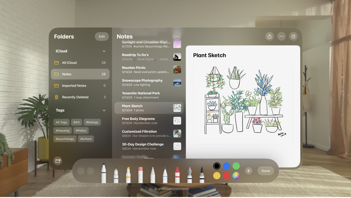 The Notes app on Apple Vision Pro, showing the drawing toolbar.