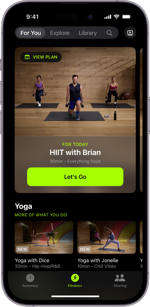 The For You screen in Apple Fitness+ showing a workout in a Custom Plan and recommended Yoga workouts.