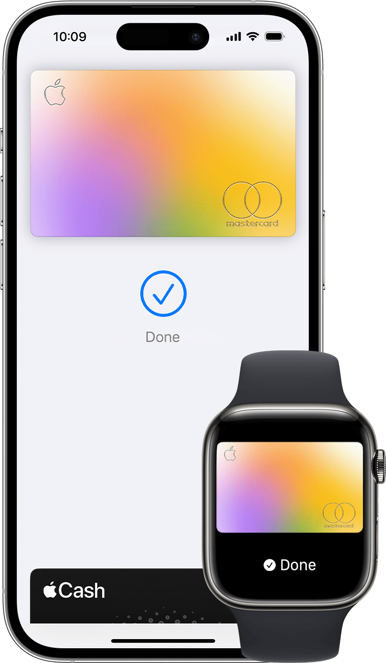 En iPhone og Apple Watch som viser en fullført betaling med Apple Pay