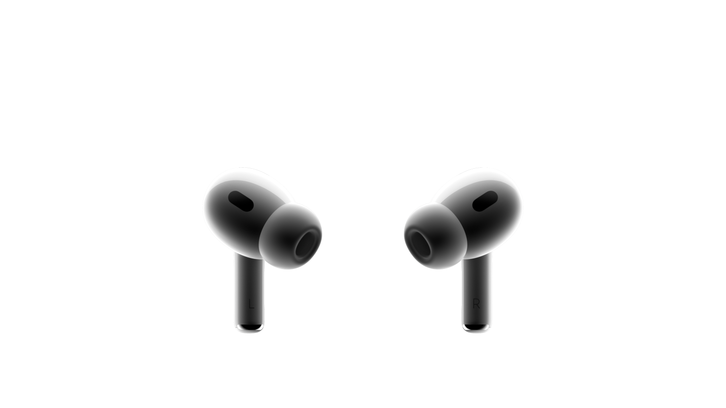 두 개의 화이트 색상 AirPods Pro 이어버드가 서로 마주보고 있는 모습. 각각 블랙 메시가 보이는 콤팩트한 이어버드에 실리콘 이어팁이 부착되어 있는 모습.