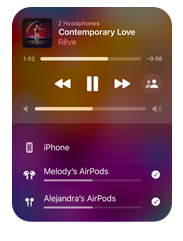 Apple Music interface on iPhone that shows two pairs of AirPods listening to the same song from one device, both sets of AirPods have individual volume settings.