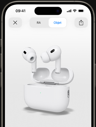 Écran d’iPhone montrant un rendu en RA des AirPods Pro.