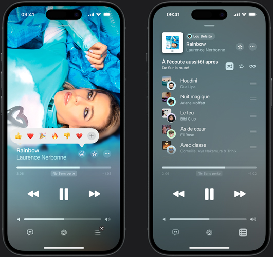 L’iPhone à gauche montre Don’t Do Me Good de Madi Diaz et Kacey Musgraves jouant à l’écran avec une bulle de réaction proposant les options suivantes : pouce en l’air, cœur, célébration, pouce en bas et ajouter une autre réaction. L’iPhone à droite montre une liste de lecture collaborative appelée Sur la route avec plusieurs chansons ajoutées par d’autres personnes