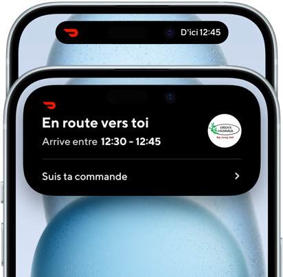 Dynamic Island sur iPhone 15 montrant une vue élargie de l’état d’une livraison Doordash